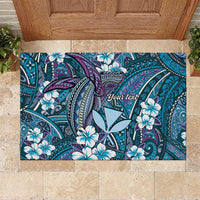 Personalised Hawaii Tribal Humpback Whale Rubber Doormat Polu Hibiscus Seamless Pattern