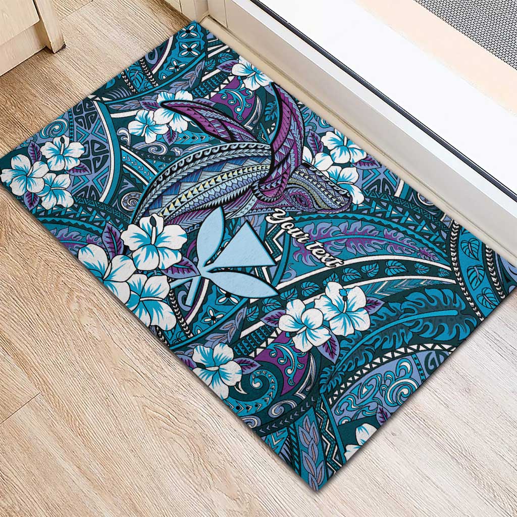 Personalised Hawaii Tribal Humpback Whale Rubber Doormat Polu Hibiscus Seamless Pattern