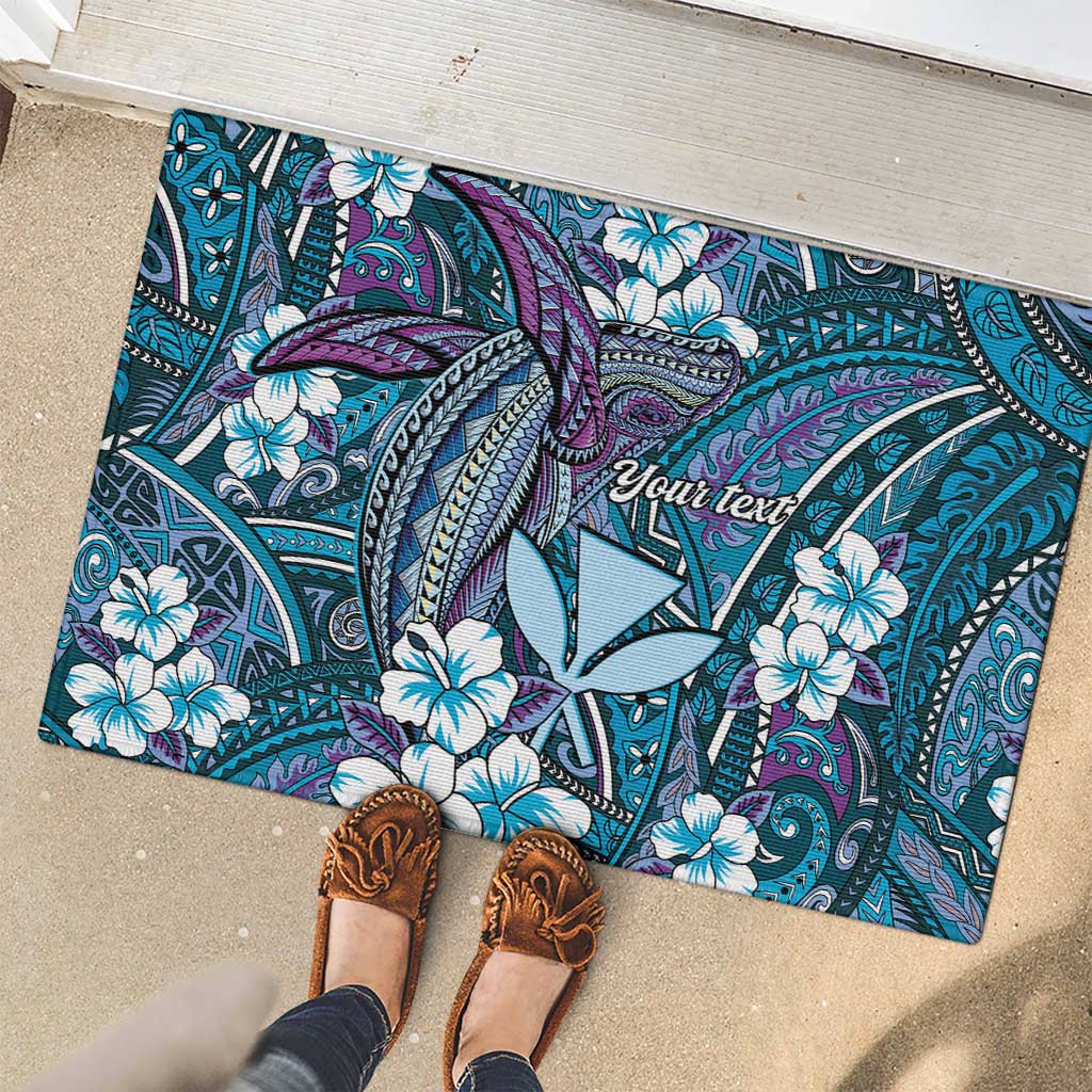 Personalised Hawaii Tribal Humpback Whale Rubber Doormat Polu Hibiscus Seamless Pattern