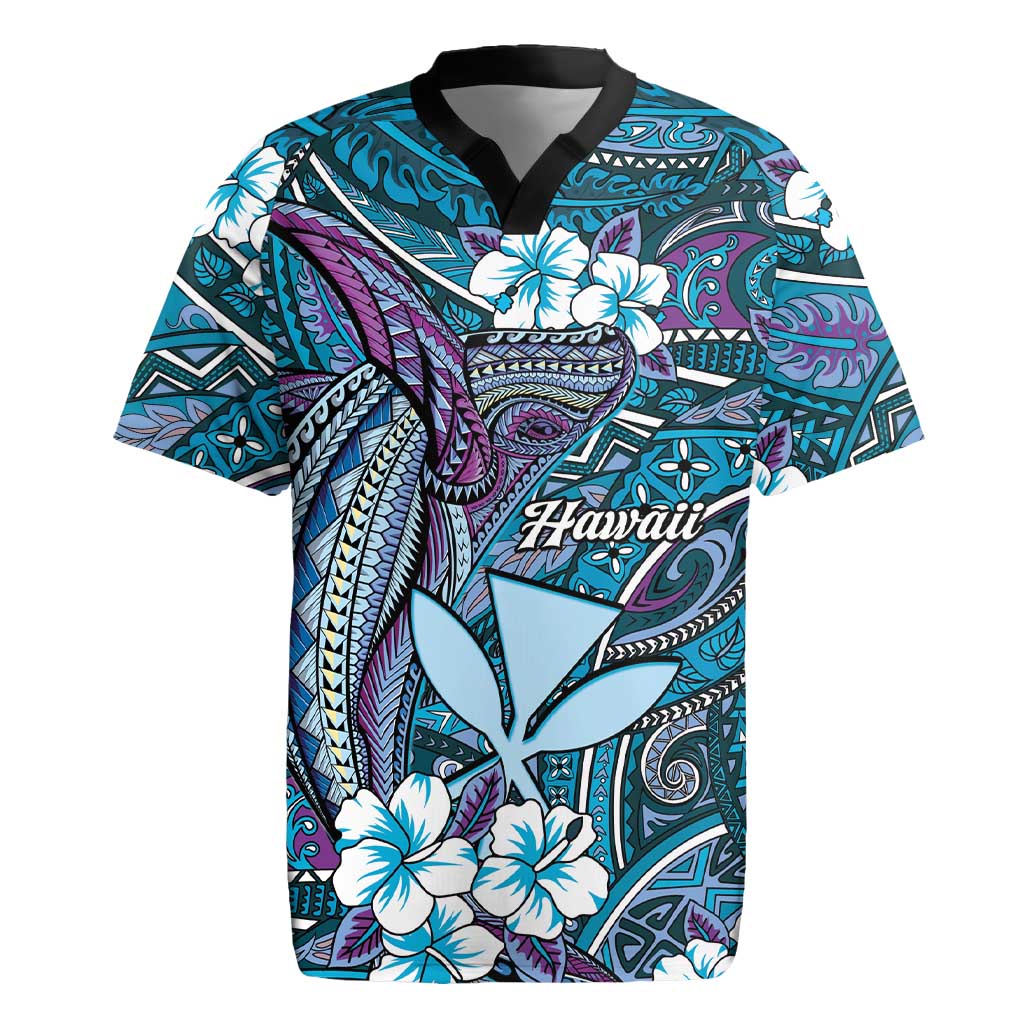 Personalised Hawaii Tribal Humpback Whale Rugby Jersey Polu Hibiscus Seamless Pattern LT9 Blue - Polynesian Pride
