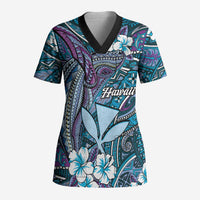 Personalised Hawaii Tribal Humpback Whale Scrub Top Polu Hibiscus Seamless Pattern LT9 Adult Blue - Polynesian Pride