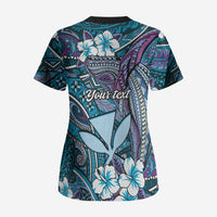 Personalised Hawaii Tribal Humpback Whale Scrub Top Polu Hibiscus Seamless Pattern LT9 - Polynesian Pride