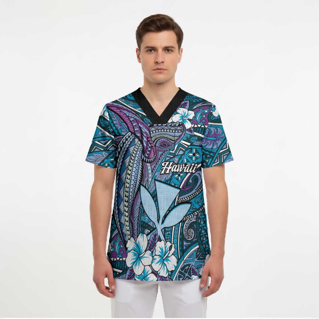 Personalised Hawaii Tribal Humpback Whale Scrub Top Polu Hibiscus Seamless Pattern LT9 - Polynesian Pride