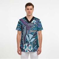 Personalised Hawaii Tribal Humpback Whale Scrub Top Polu Hibiscus Seamless Pattern LT9 - Polynesian Pride