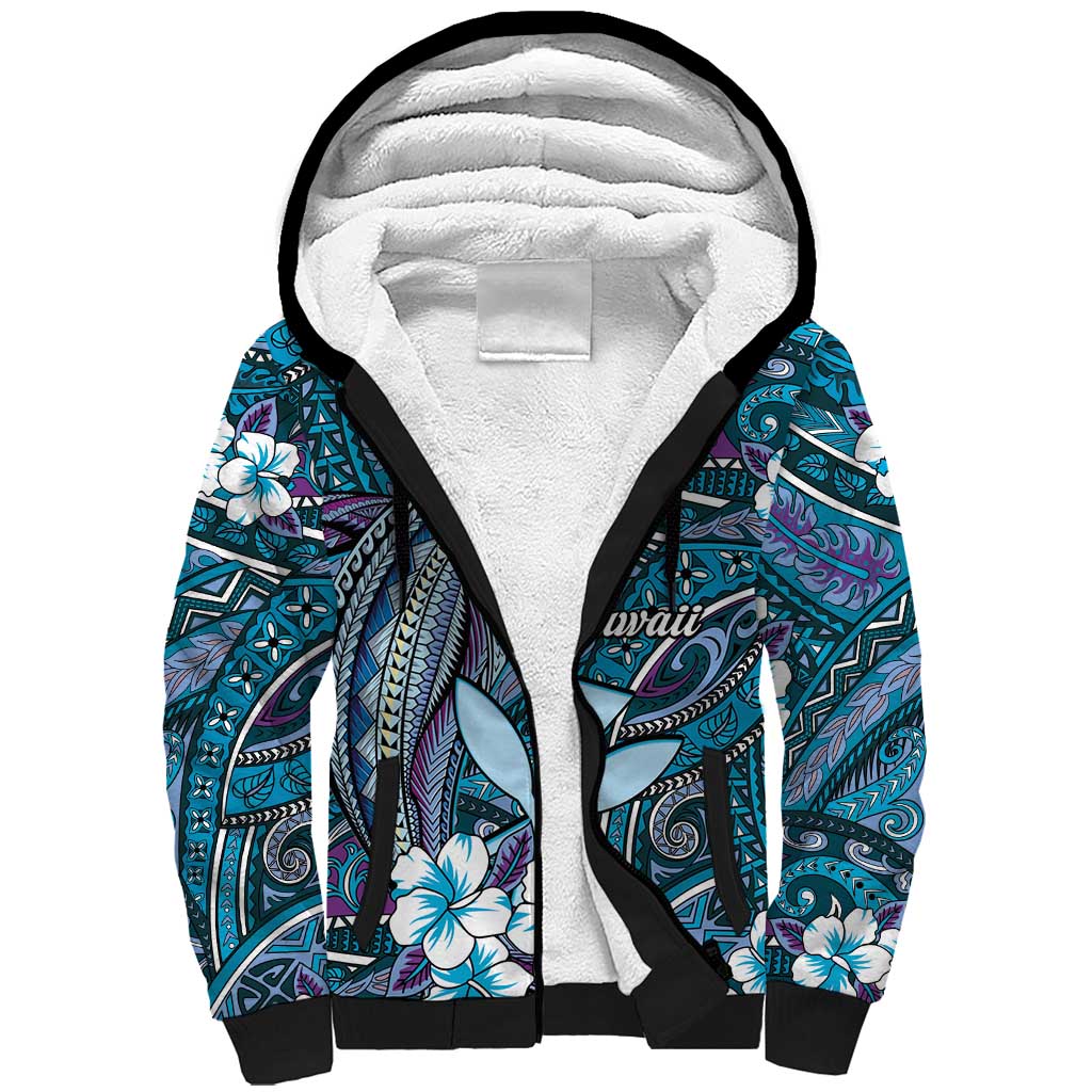 Personalised Hawaii Tribal Humpback Whale Sherpa Hoodie Polu Hibiscus Seamless Pattern LT9 Unisex Blue - Polynesian Pride