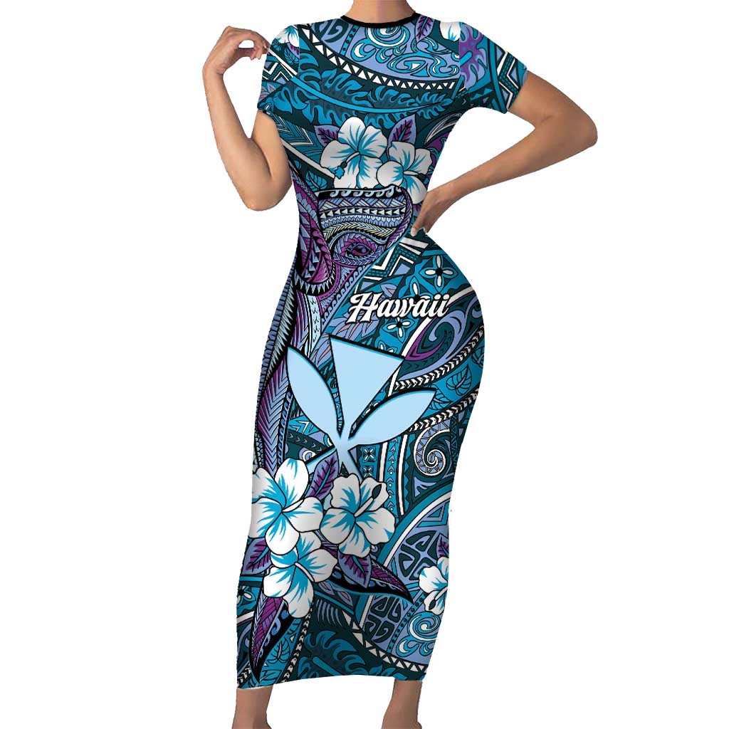 Personalised Hawaii Tribal Humpback Whale Short Sleeve Bodycon Dress Polu Hibiscus Seamless Pattern LT9 Long Dress Blue - Polynesian Pride