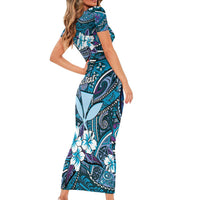 Personalised Hawaii Tribal Humpback Whale Short Sleeve Bodycon Dress Polu Hibiscus Seamless Pattern LT9 - Polynesian Pride