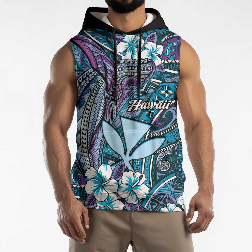 Personalised Hawaii Tribal Humpback Whale Sleeveless Hoodie Polu Hibiscus Seamless Pattern LT9 - Polynesian Pride