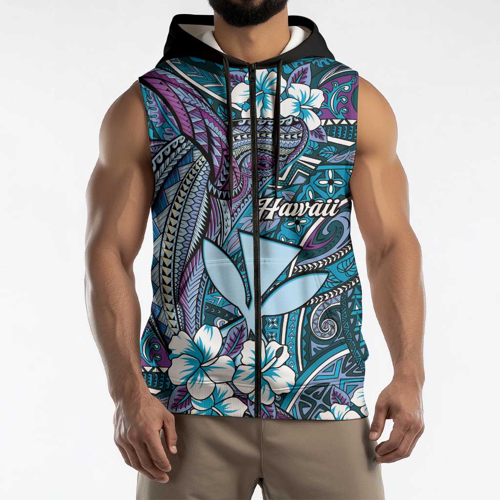 Personalised Hawaii Tribal Humpback Whale Sleeveless Zip Hoodie Polu Hibiscus Seamless Pattern LT9 - Polynesian Pride