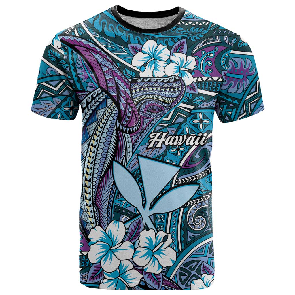 Personalised Hawaii Tribal Humpback Whale T Shirt Polu Hibiscus Seamless Pattern LT9 Blue - Polynesian Pride