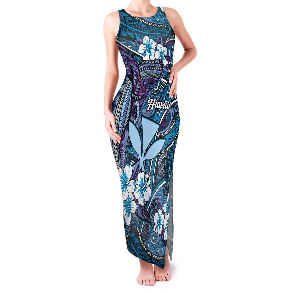 Personalised Hawaii Tribal Humpback Whale Tank Maxi Dress Polu Hibiscus Seamless Pattern LT9 Women Blue - Polynesian Pride