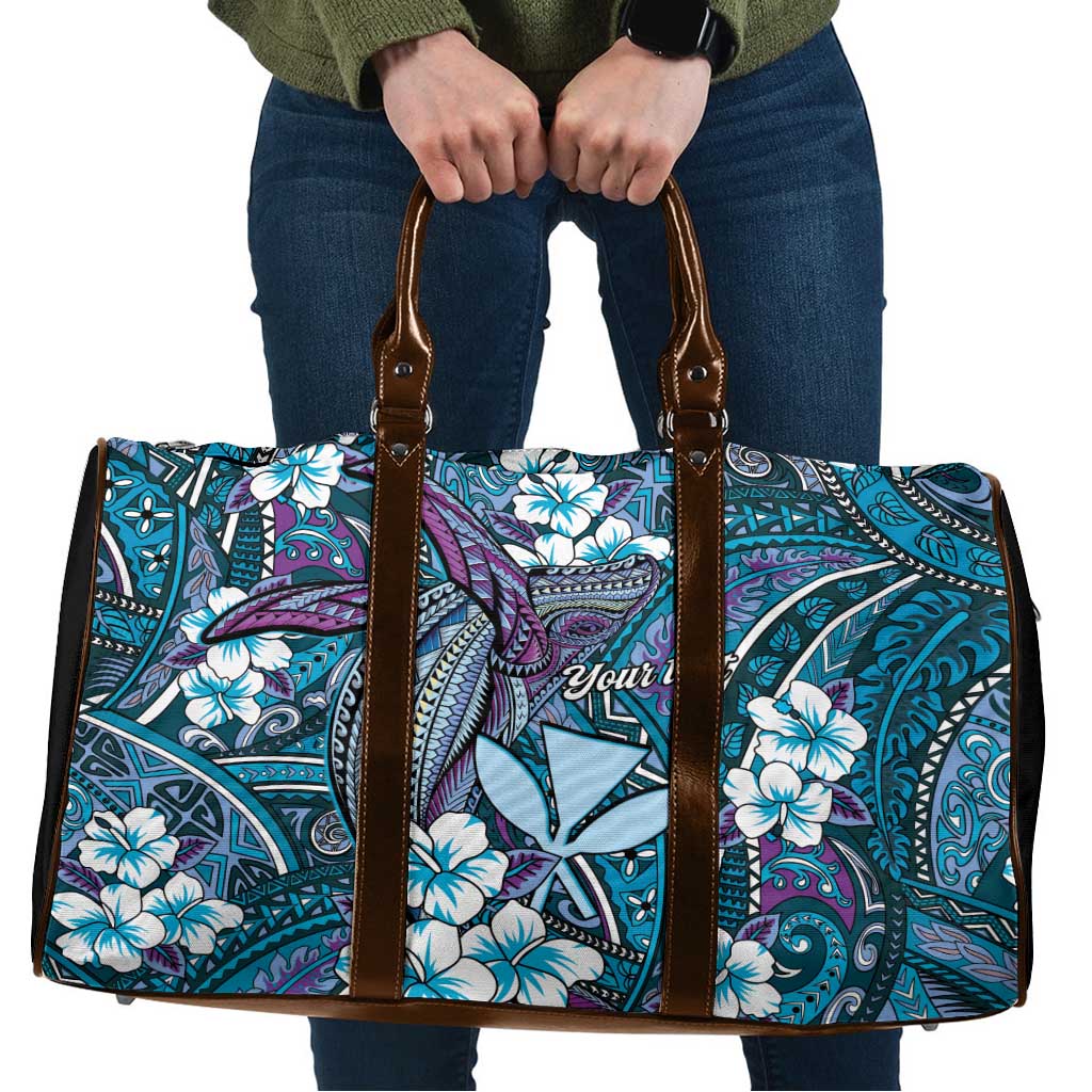 Personalised Hawaii Tribal Humpback Whale Travel Bag Polu Hibiscus Seamless Pattern LT9 Blue - Polynesian Pride