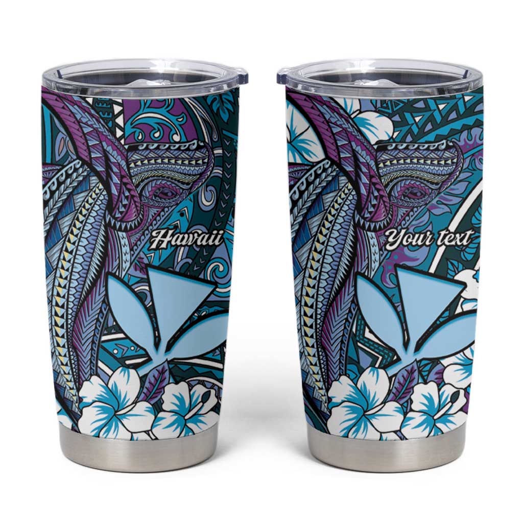 Personalised Hawaii Tribal Humpback Whale Tumbler Cup Polu Hibiscus Seamless Pattern LT9 Blue - Polynesian Pride