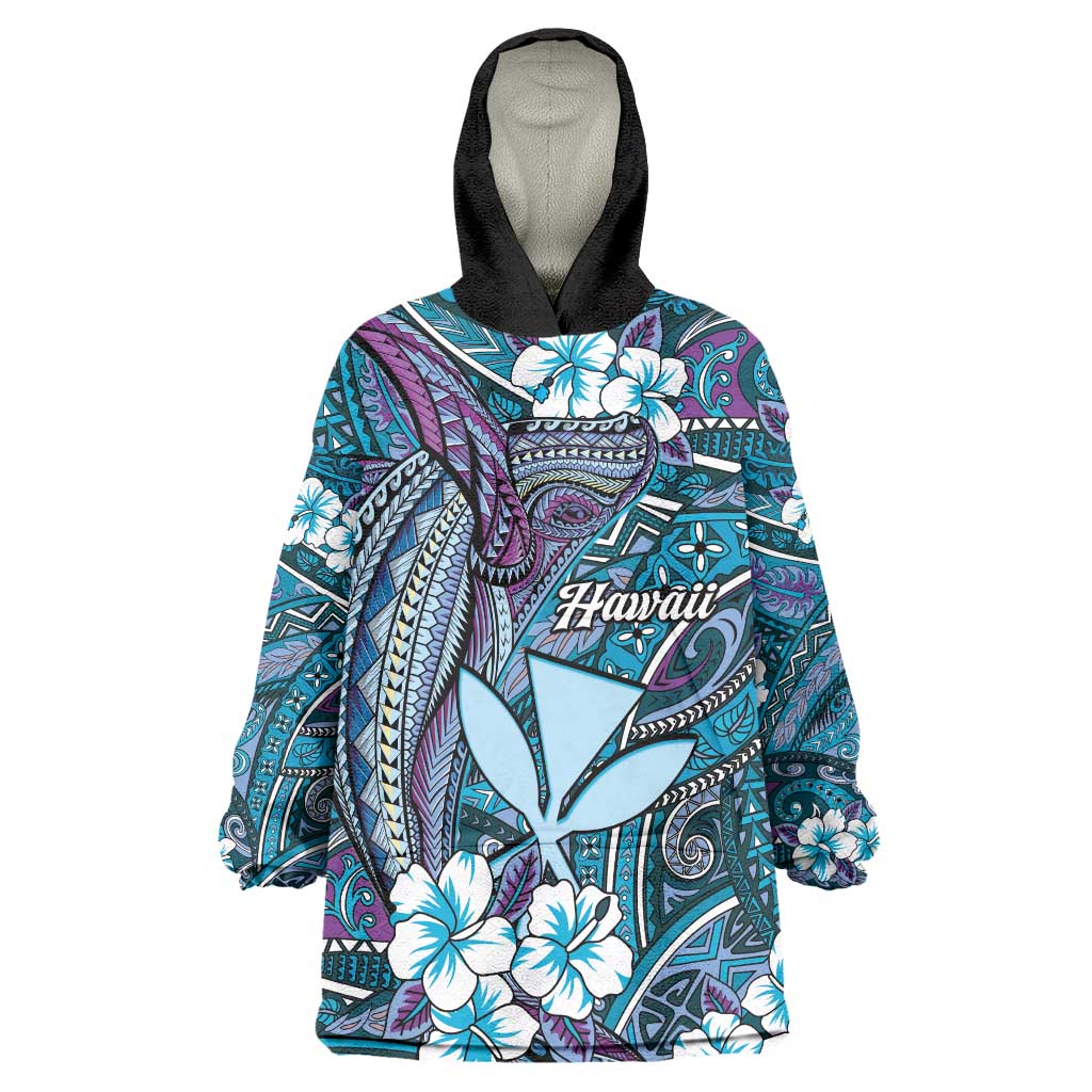 Personalised Hawaii Tribal Humpback Whale Wearable Blanket Hoodie Polu Hibiscus Seamless Pattern LT9 One Size Blue - Polynesian Pride