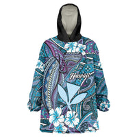 Personalised Hawaii Tribal Humpback Whale Wearable Blanket Hoodie Polu Hibiscus Seamless Pattern LT9 One Size Blue - Polynesian Pride