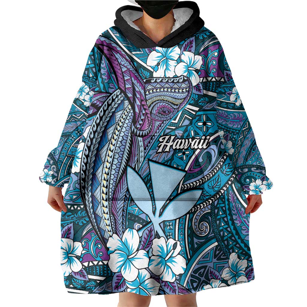 Personalised Hawaii Tribal Humpback Whale Wearable Blanket Hoodie Polu Hibiscus Seamless Pattern LT9 - Polynesian Pride