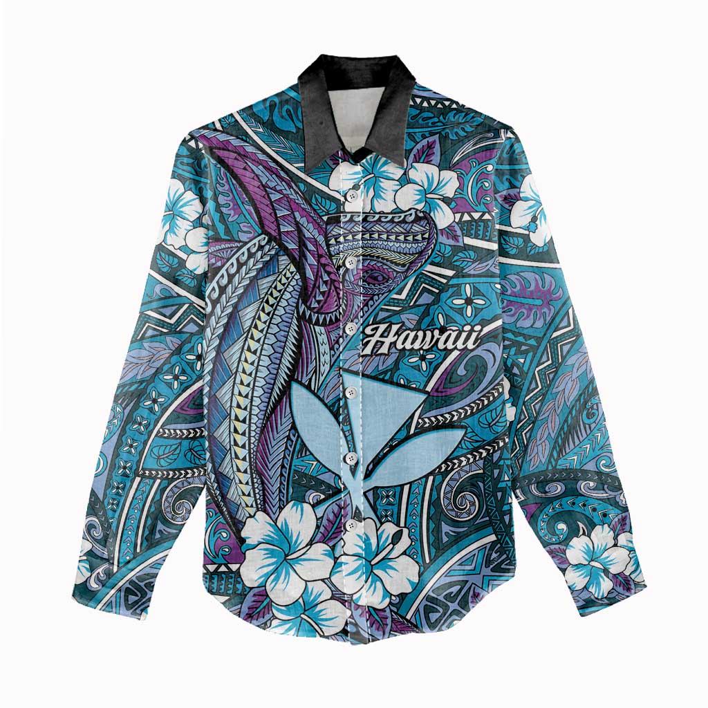 Personalised Hawaii Tribal Humpback Whale Women Casual Shirt Polu Hibiscus Seamless Pattern LT9 - Polynesian Pride