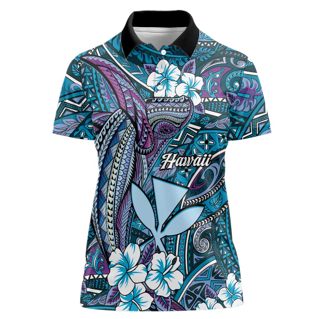 Personalised Hawaii Tribal Humpback Whale Women Polo Shirt Polu Hibiscus Seamless Pattern
