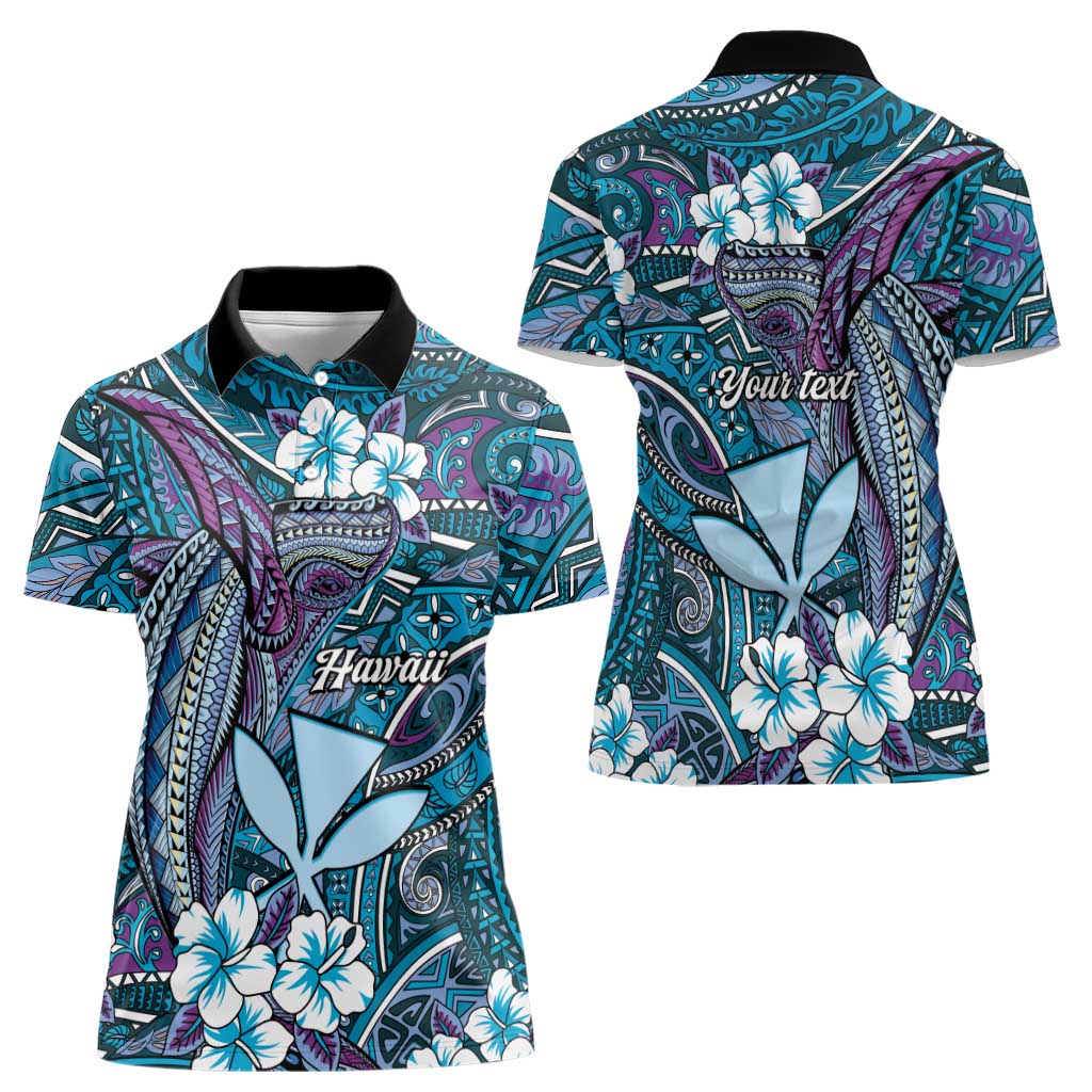 Personalised Hawaii Tribal Humpback Whale Women Polo Shirt Polu Hibiscus Seamless Pattern