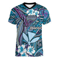 Personalised Hawaii Tribal Humpback Whale Women V-Neck T-Shirt Polu Hibiscus Seamless Pattern LT9 Female Blue - Polynesian Pride