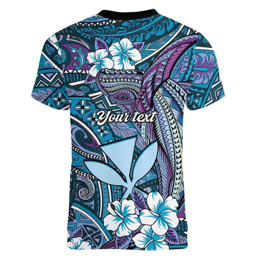 Personalised Hawaii Tribal Humpback Whale Women V-Neck T-Shirt Polu Hibiscus Seamless Pattern LT9 - Polynesian Pride