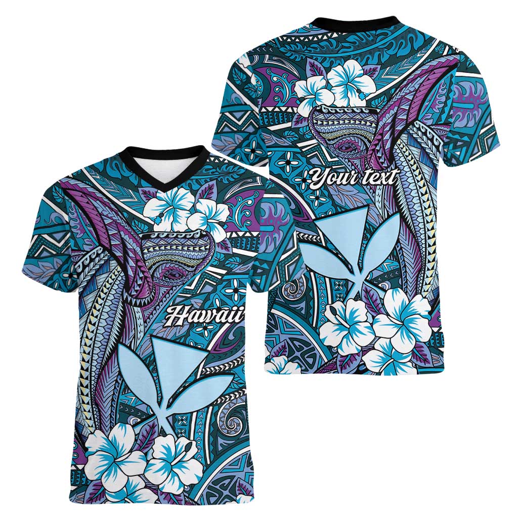 Personalised Hawaii Tribal Humpback Whale Women V-Neck T-Shirt Polu Hibiscus Seamless Pattern LT9 - Polynesian Pride