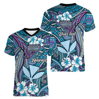 Personalised Hawaii Tribal Humpback Whale Women V-Neck T-Shirt Polu Hibiscus Seamless Pattern LT9 - Polynesian Pride