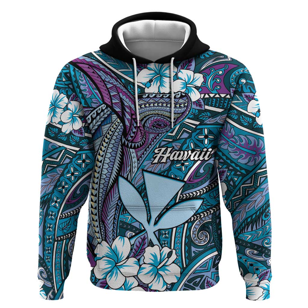 Personalised Hawaii Tribal Humpback Whale Zip Hoodie Polu Hibiscus Seamless Pattern LT9 Pullover Hoodie Blue - Polynesian Pride