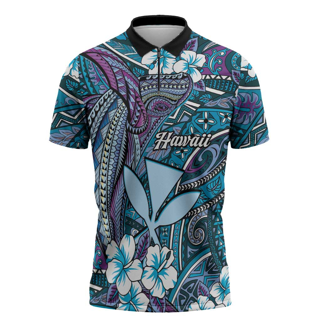 Personalised Hawaii Tribal Humpback Whale Zipper Polo Shirt Polu Hibiscus Seamless Pattern LT9 Blue - Polynesian Pride