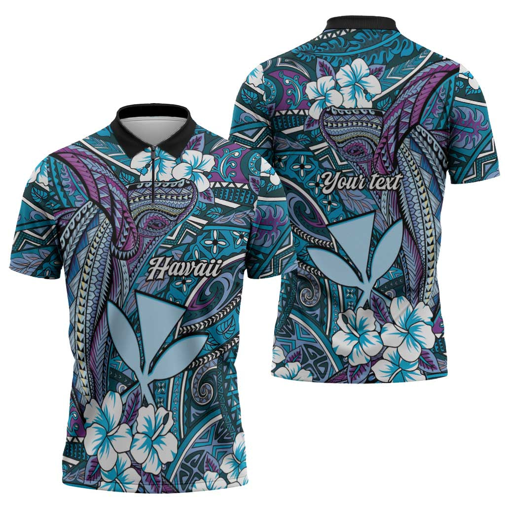 Personalised Hawaii Tribal Humpback Whale Zipper Polo Shirt Polu Hibiscus Seamless Pattern LT9 - Polynesian Pride