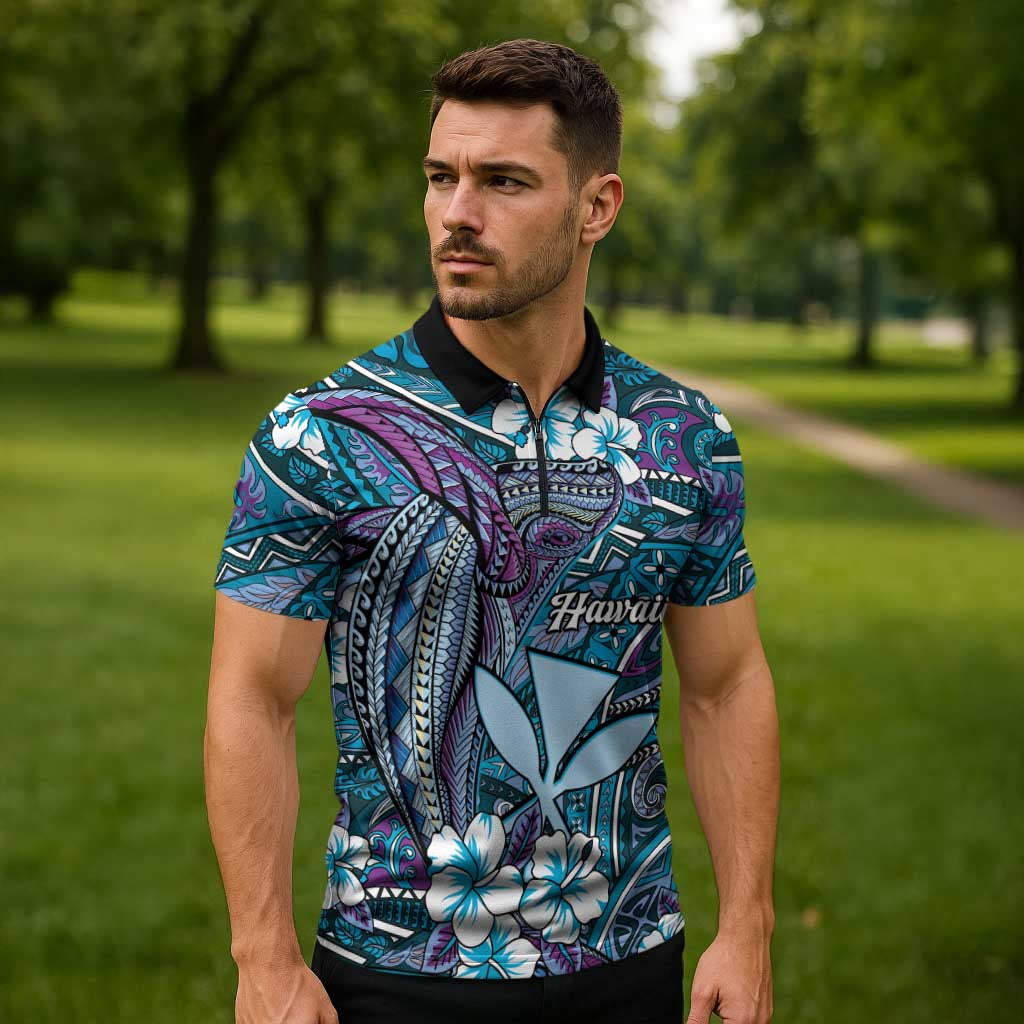 Personalised Hawaii Tribal Humpback Whale Zipper Polo Shirt Polu Hibiscus Seamless Pattern LT9 - Polynesian Pride
