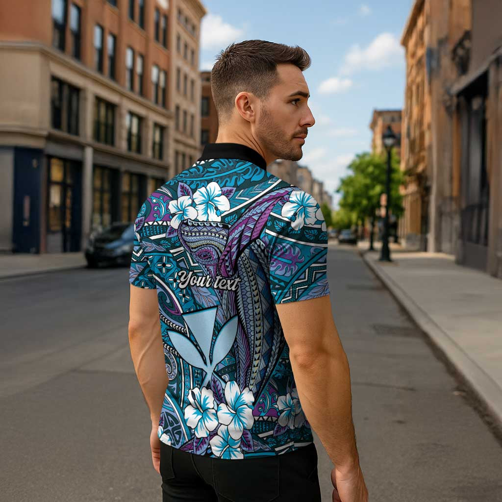Personalised Hawaii Tribal Humpback Whale Zipper Polo Shirt Polu Hibiscus Seamless Pattern LT9 - Polynesian Pride