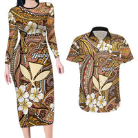 Personalised Hawaii Tribal Humpback Whale Couples Matching Long Sleeve Bodycon Dress and Hawaiian Shirt Melemele Hibiscus Seamless Pattern