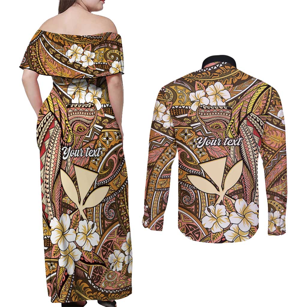 Personalised Hawaii Tribal Humpback Whale Couples Matching Off Shoulder Maxi Dress and Long Sleeve Button Shirt Melemele Hibiscus Seamless Pattern LT9 - Polynesian Pride