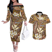 Personalised Hawaii Tribal Humpback Whale Couples Matching Off The Shoulder Long Sleeve Dress and Hawaiian Shirt Melemele Hibiscus Seamless Pattern