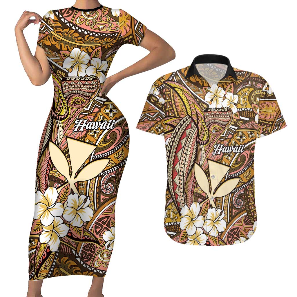 Personalised Hawaii Tribal Humpback Whale Couples Matching Short Sleeve Bodycon Dress and Hawaiian Shirt Melemele Hibiscus Seamless Pattern