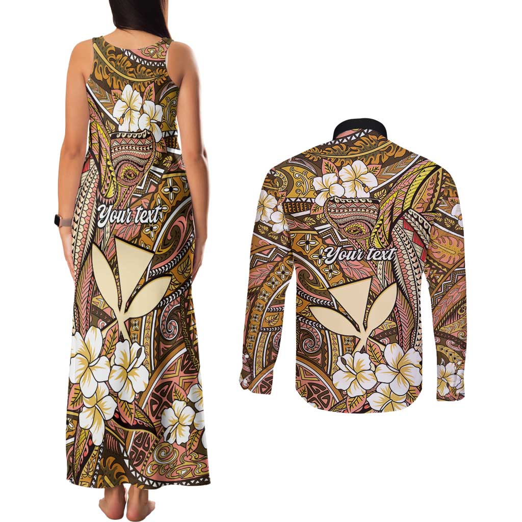 Personalised Hawaii Tribal Humpback Whale Couples Matching Tank Maxi Dress and Long Sleeve Button Shirt Melemele Hibiscus Seamless Pattern LT9 - Polynesian Pride