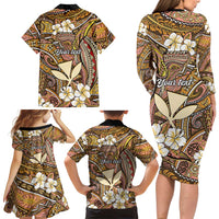 Personalised Hawaii Tribal Humpback Whale Family Matching Long Sleeve Bodycon Dress and Hawaiian Shirt Melemele Hibiscus Seamless Pattern
