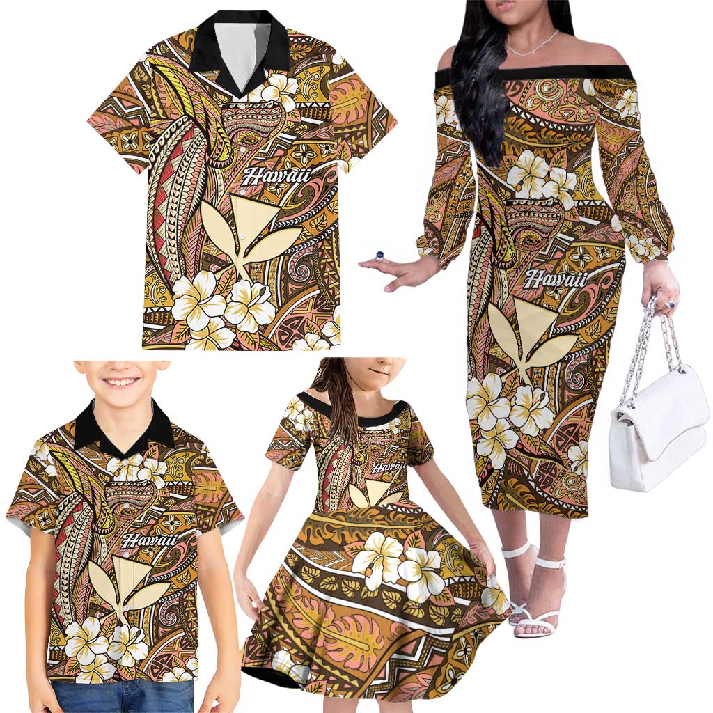 Personalised Hawaii Tribal Humpback Whale Family Matching Off The Shoulder Long Sleeve Dress and Hawaiian Shirt Melemele Hibiscus Seamless Pattern
