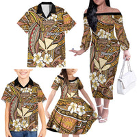 Personalised Hawaii Tribal Humpback Whale Family Matching Off The Shoulder Long Sleeve Dress and Hawaiian Shirt Melemele Hibiscus Seamless Pattern