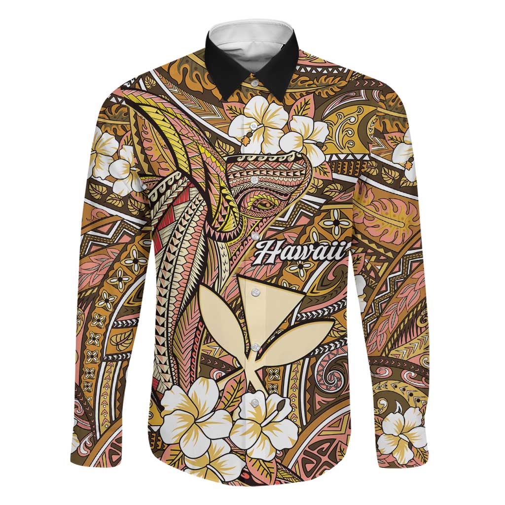 Personalised Hawaii Tribal Humpback Whale Family Matching Off The Shoulder Long Sleeve Dress and Hawaiian Shirt Melemele Hibiscus Seamless Pattern