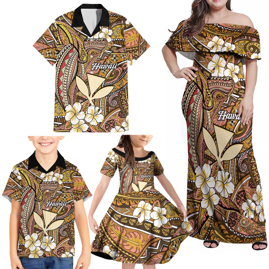 Personalised Hawaii Tribal Humpback Whale Family Matching Off Shoulder Maxi Dress and Hawaiian Shirt Melemele Hibiscus Seamless Pattern LT9 - Polynesian Pride