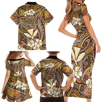 Personalised Hawaii Tribal Humpback Whale Family Matching Short Sleeve Bodycon Dress and Hawaiian Shirt Melemele Hibiscus Seamless Pattern
