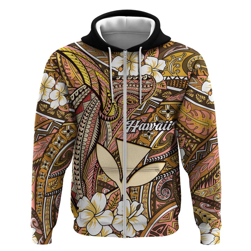 Personalised Hawaii Tribal Humpback Whale Hoodie Melemele Hibiscus Seamless Pattern LT9 Zip Hoodie Gold - Polynesian Pride