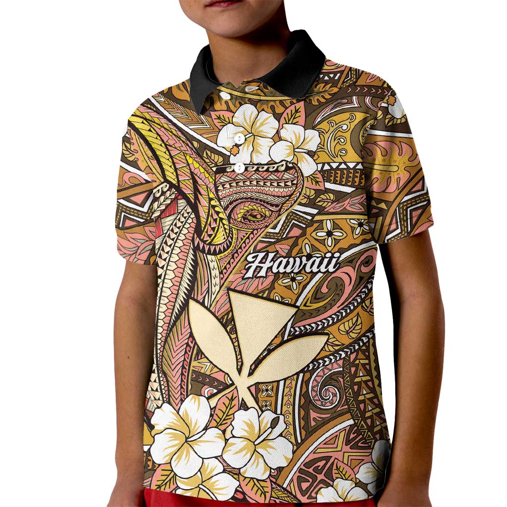 Personalised Hawaii Tribal Humpback Whale Kid Polo Shirt Melemele Hibiscus Seamless Pattern LT9 Kid Gold - Polynesian Pride