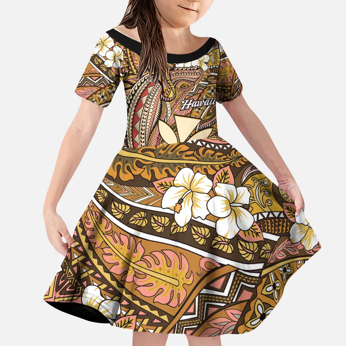 Personalised Hawaii Tribal Humpback Whale Kid Short Sleeve Dress Melemele Hibiscus Seamless Pattern LT9 KID Gold - Polynesian Pride