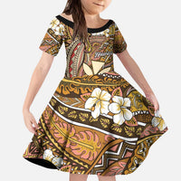 Personalised Hawaii Tribal Humpback Whale Kid Short Sleeve Dress Melemele Hibiscus Seamless Pattern LT9 KID Gold - Polynesian Pride