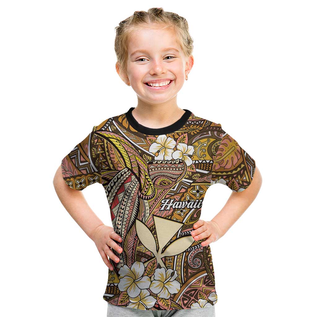 Personalised Hawaii Tribal Humpback Whale Kid T Shirt Melemele Hibiscus Seamless Pattern LT9 Gold - Polynesian Pride
