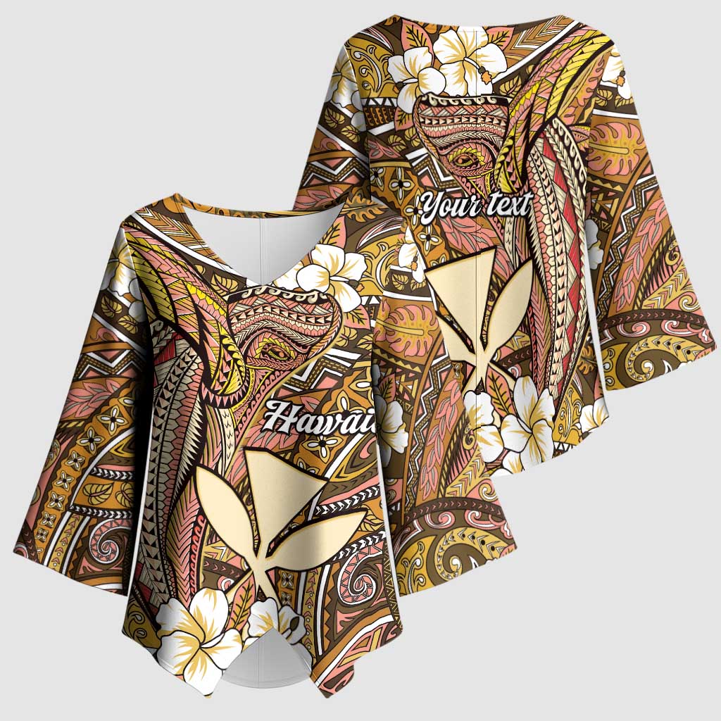 Personalised Hawaii Tribal Humpback Whale Kimono Sleeve Blouse Melemele Hibiscus Seamless Pattern LT9 - Polynesian Pride