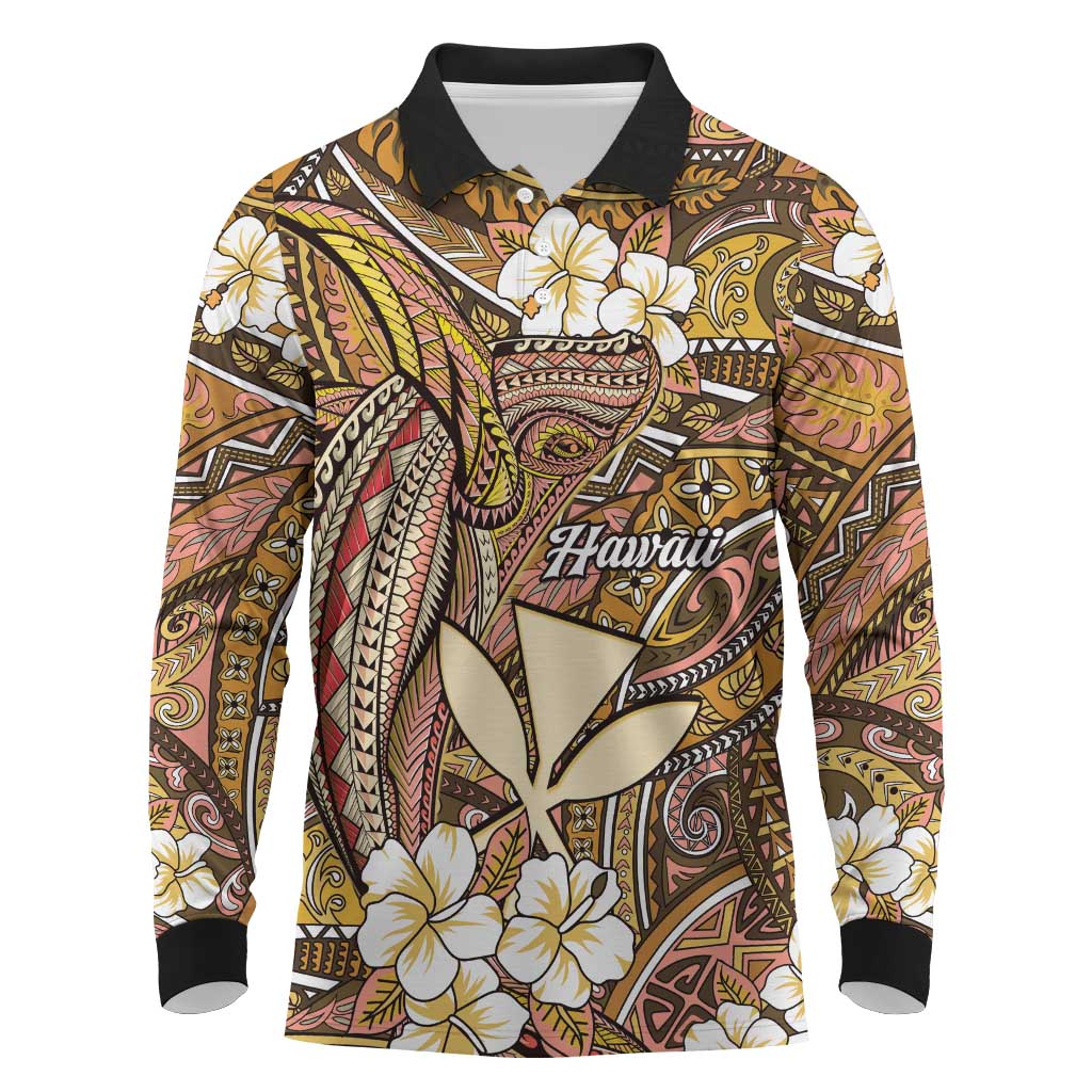 Personalised Hawaii Tribal Humpback Whale Long Sleeve Polo Shirt Melemele Hibiscus Seamless Pattern LT9 Gold - Polynesian Pride